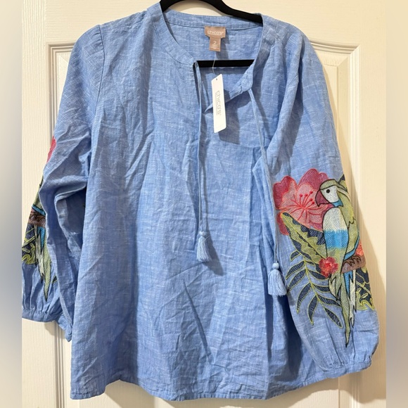 Chico's Tops - Chico’s Cotton Blouse with parrot Blue Embroidered Women's Top